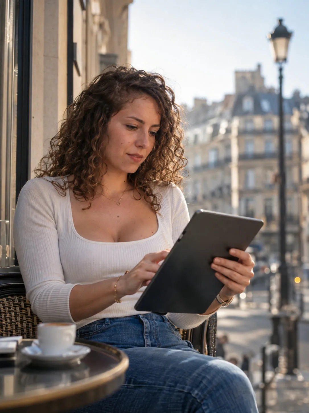 Stagiaire suivant un module sur tablette en terrasse