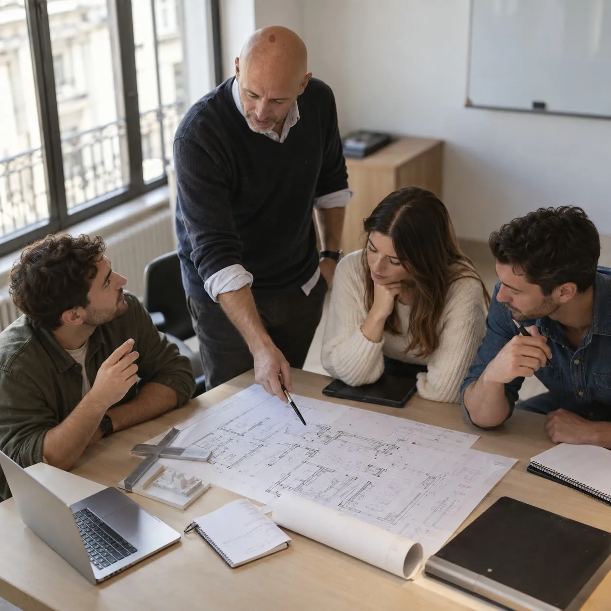 Formateur et stagiaires travaillant autour d’un plan